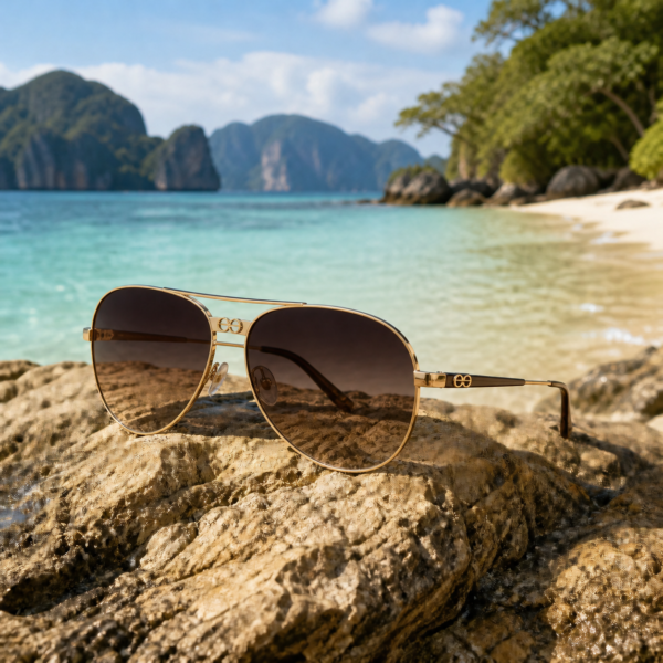 Slim gold metal aviator frame with warm gradient lenses.