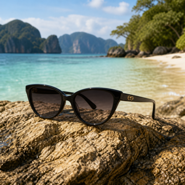 Elegant black cat-eye frame with dark lenses and gold monogram detail.