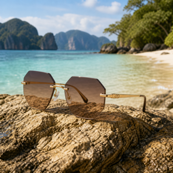 Rimless geometric lenses with slim gold temples and subtle monogram detail.