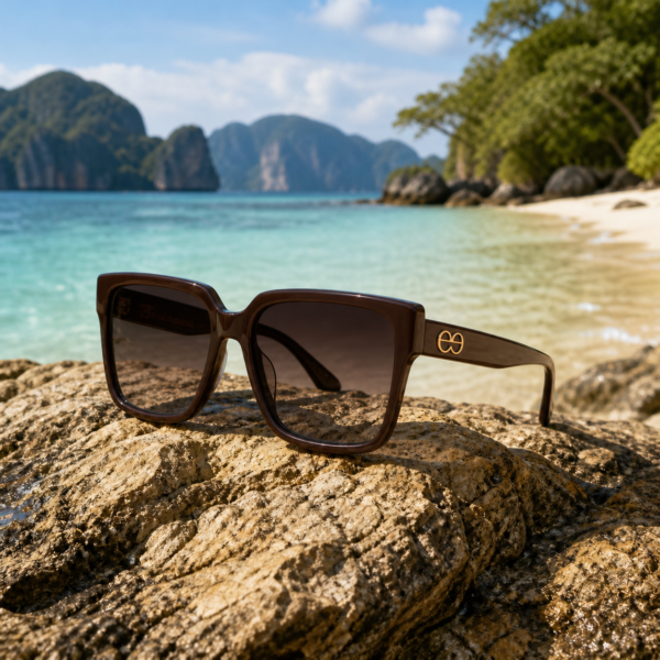 Slim rich-brown square frame with gold monogram temple detail.