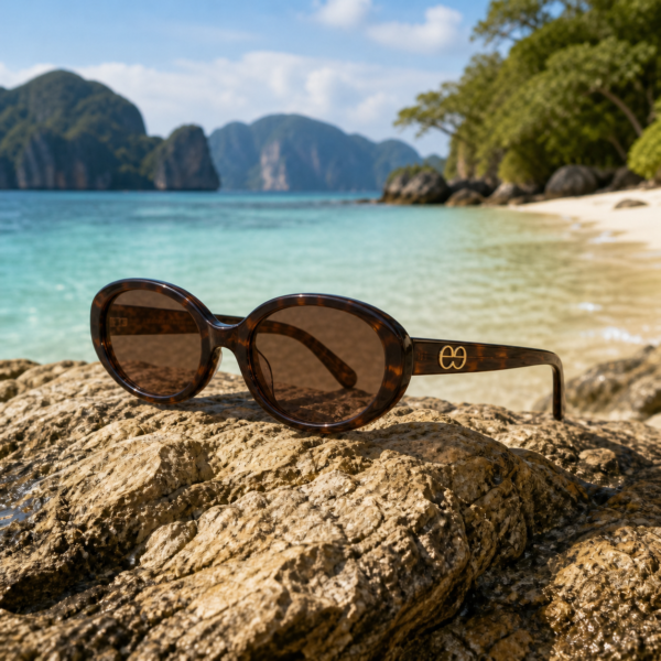 Slim oval tortoiseshell frame with warm brown lenses and gold monogram temple detail.