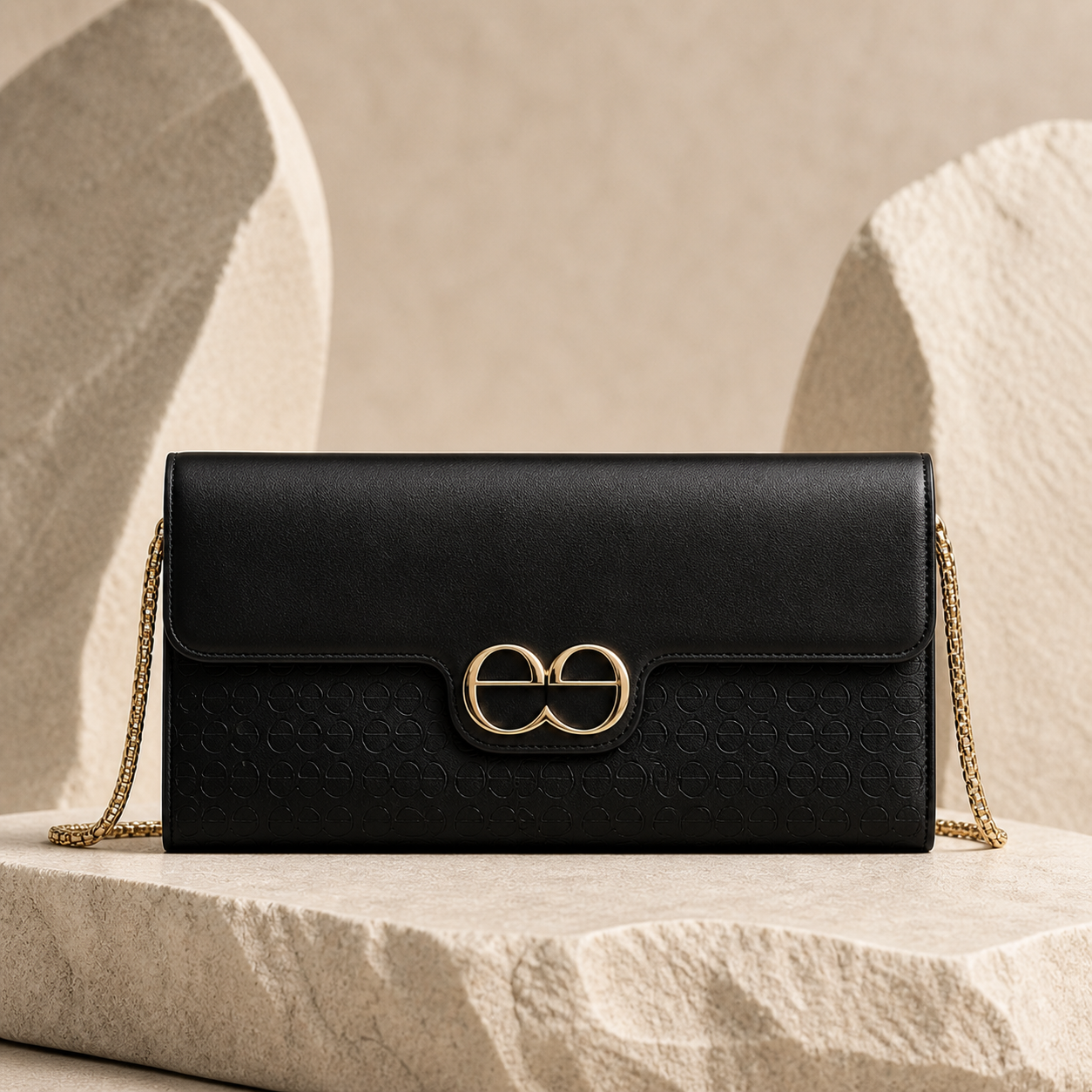 Black deesign evening clutch with gold double-e monogram clasp, embossed leather pattern and gold chain strap on a warm stone pedestal.