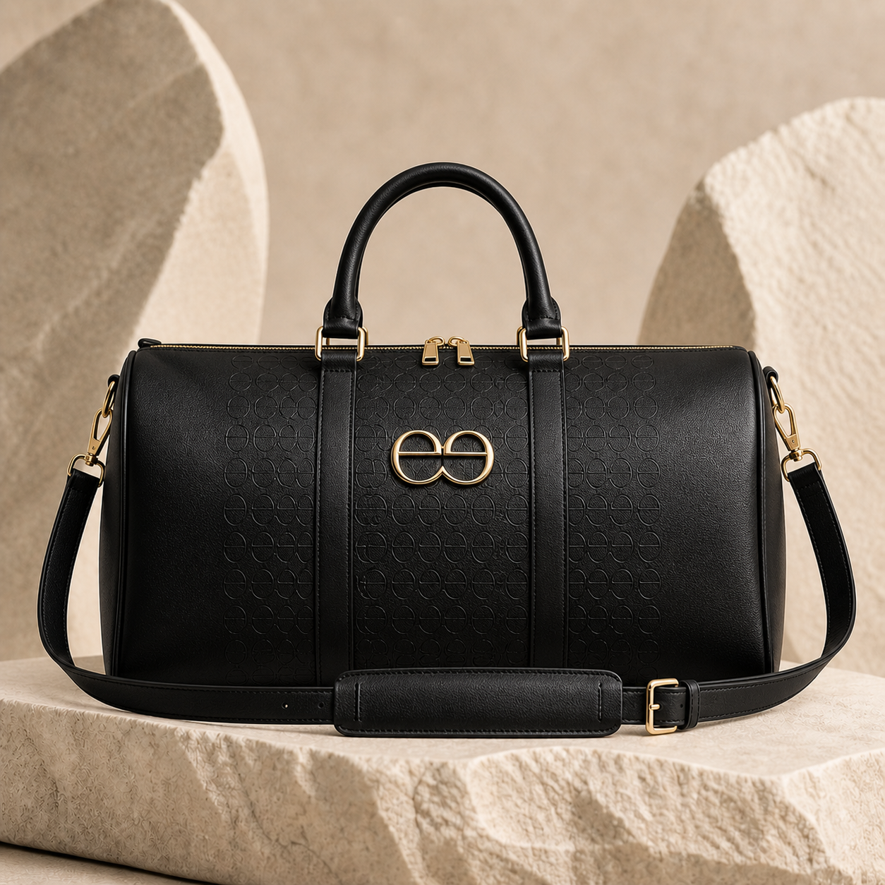 Large black deesign leather weekend travel bag with gold double-e monogram, dual handles, shoulder strap and embossed monogram panels.