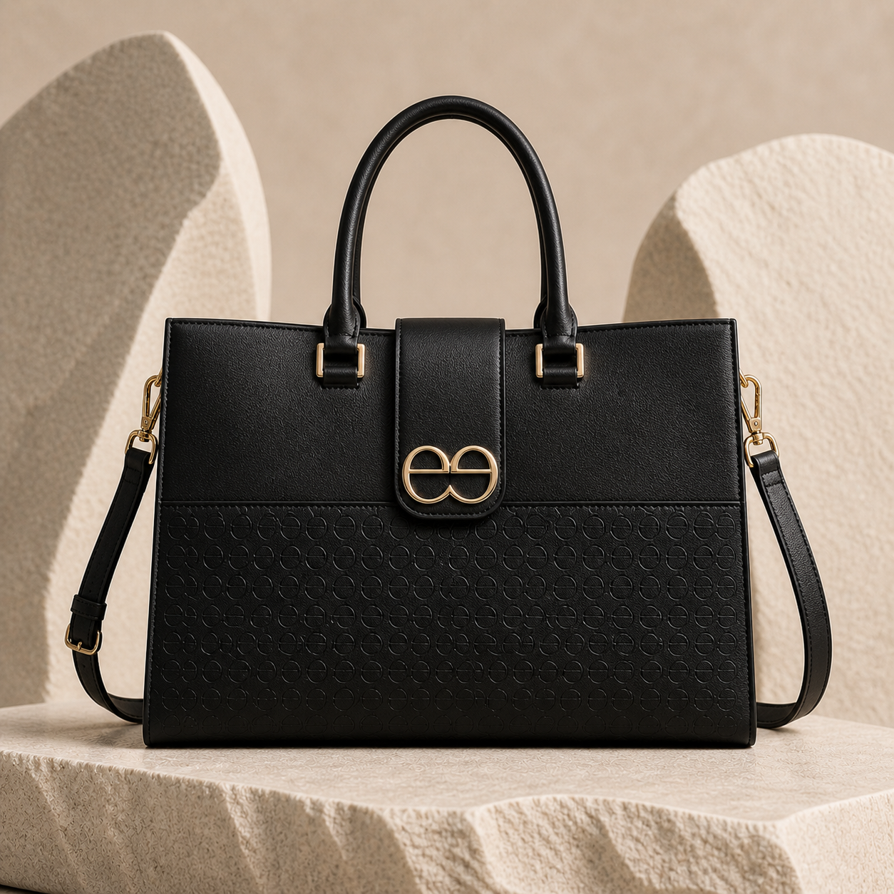 Structured black deesign leather work tote with gold double-e monogram clasp, top handles, shoulder strap and embossed monogram pattern.