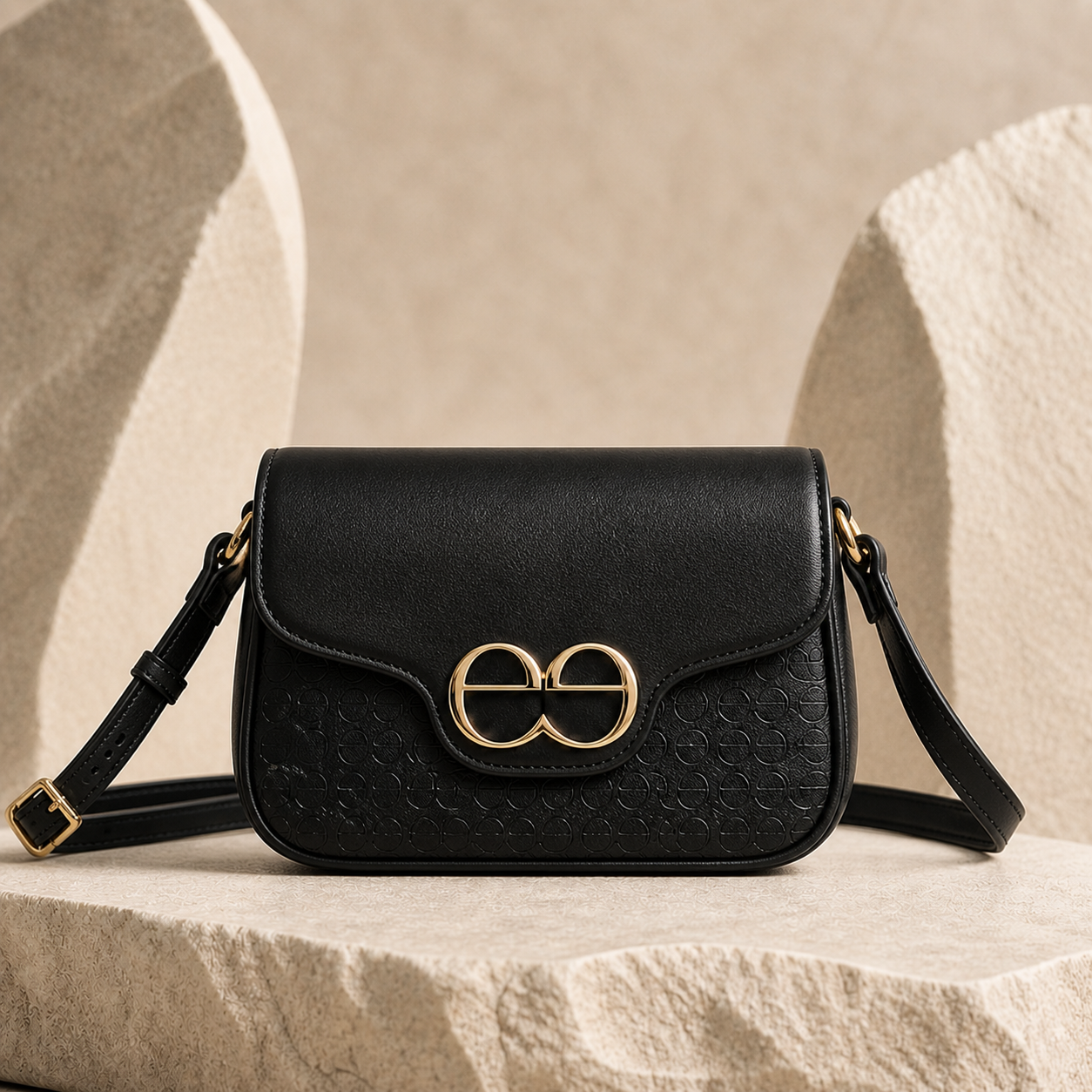 Black deesign mini crossbody bag with gold double-e monogram clasp, adjustable strap and embossed leather pattern on a warm stone pedestal.