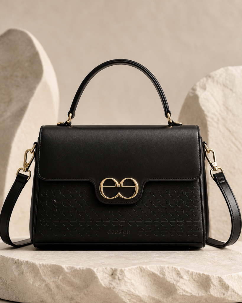 Close-up of a black deesign handbag with embossed double-e monogram pattern, subtle deesign logo detail, gold hardware and premium leather on a warm stone pedestal.