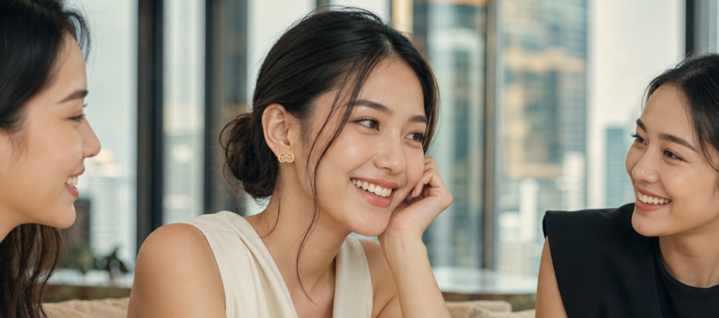 Three smiling young Thai women wearing gold deesign monogram earrings while sitting together in a modern city café.