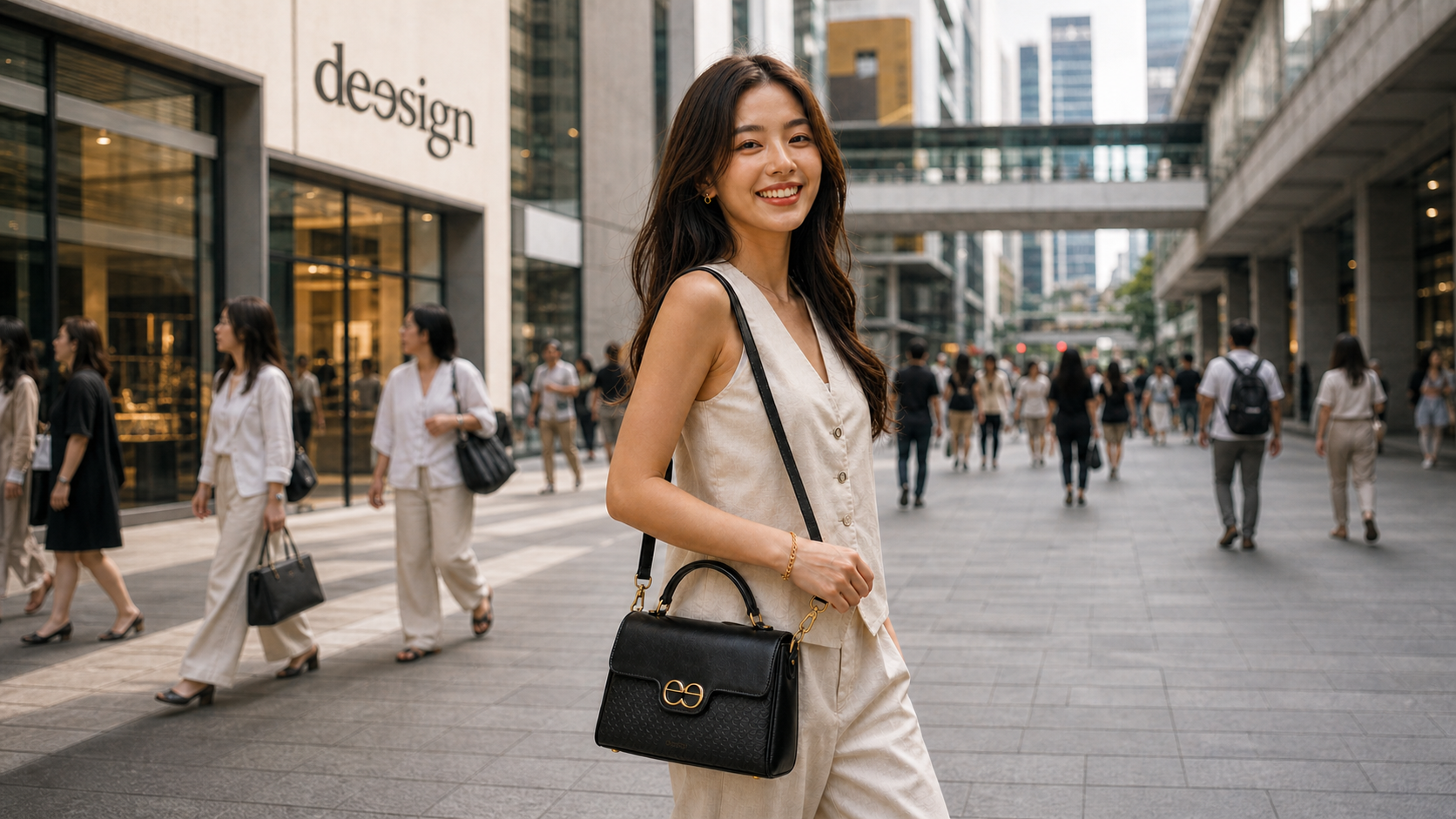 Young smiling Thai woman carrying a black deesign handbag with a gold monogram in a busy modern city.