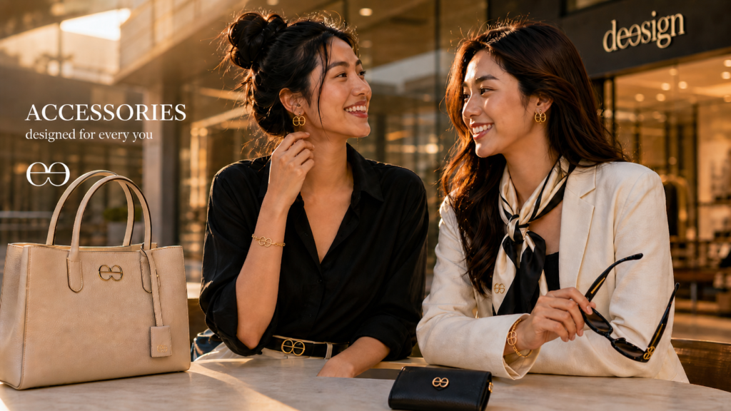 Two young Thai women wearing deesign gold monogram accessories with a beige handbag and black wallet in a luxury boutique setting.