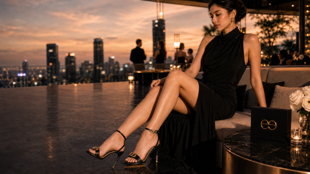 Young Thai woman wearing black deesign high-heel sandals with gold monogram details, seated in a luxury Bangkok rooftop lounge at sunset.