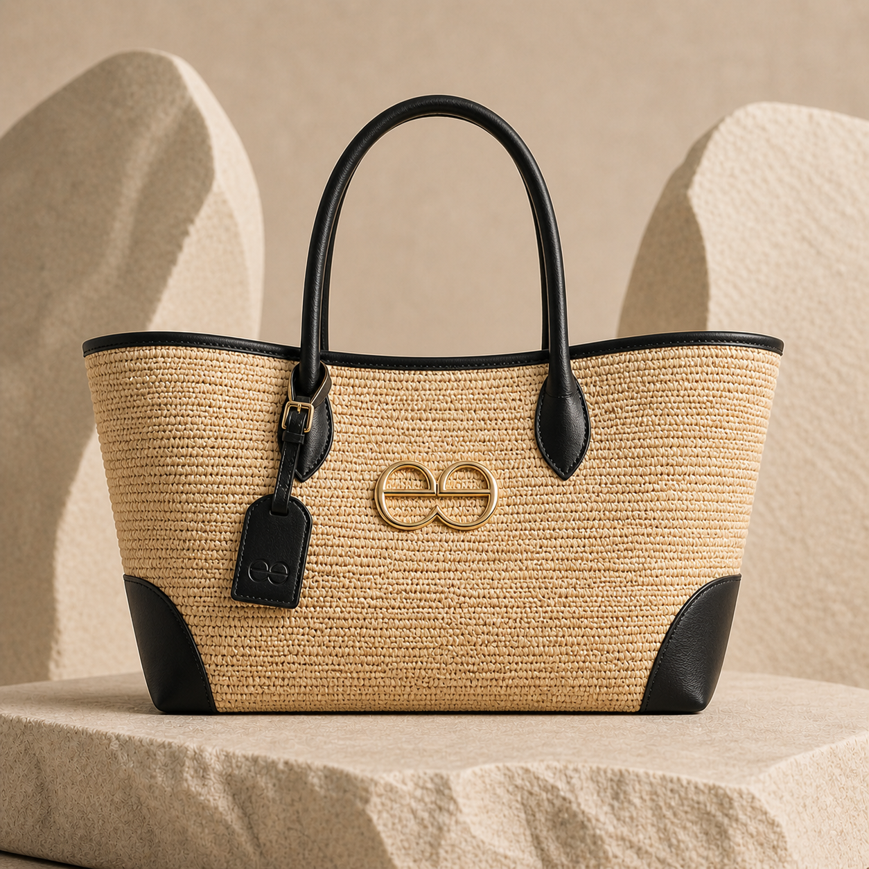 Luxury deesign raffia beach tote with black leather trim, gold double-e monogram hardware and matching leather tag on a warm stone pedestal.